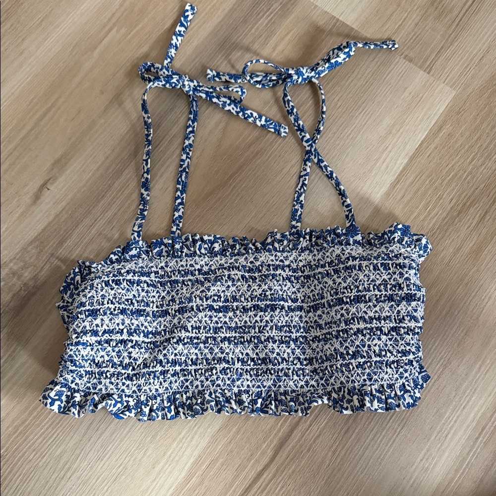 Tory Burch Blue and White Smocked Bikini Top